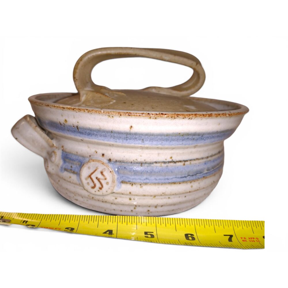 Vintage Studio Pottery Lidded Stoneware Dish Blue Stripe Handmade Covered Bowl